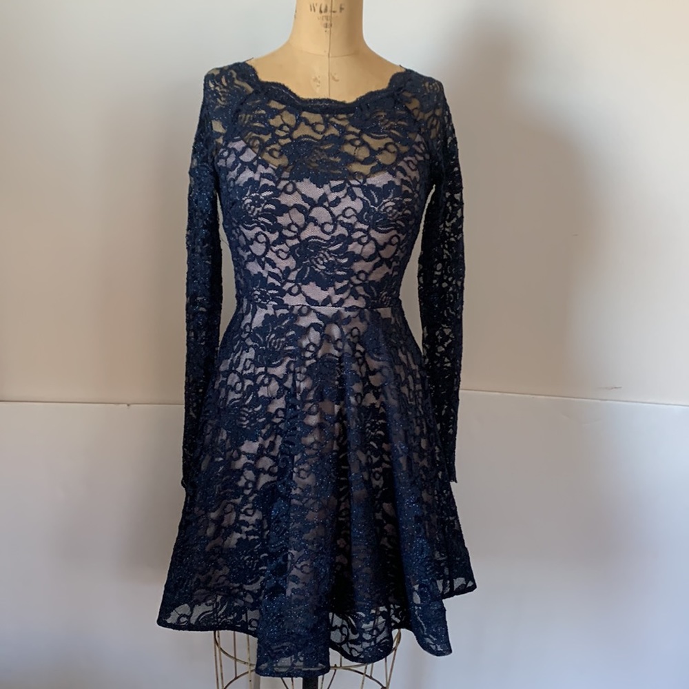 Sequin Heart Navy blue lace skater skirt dress Junior 1 XS
